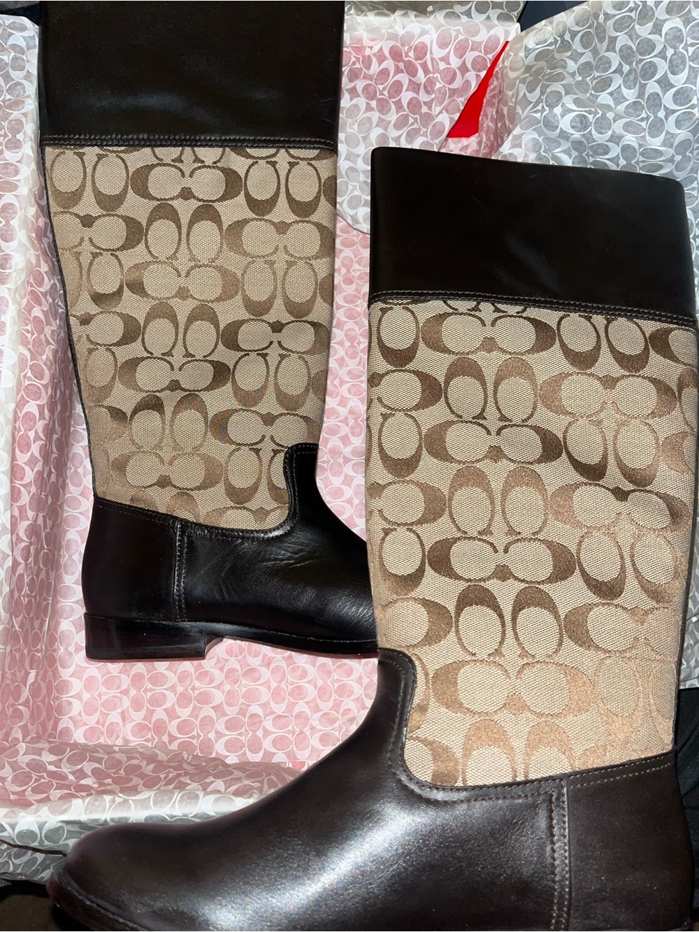 Coach Chrissi 12C Signature Tall Riding Boots - Khaki/Chestnut (Size 8W)